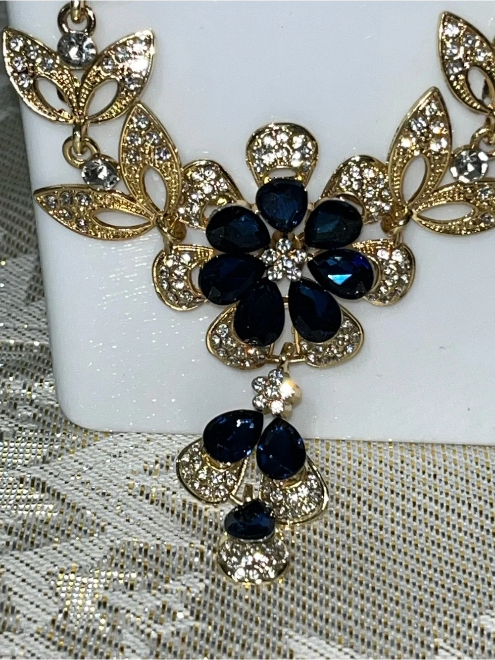 Floral Statement Necklace & Earring Set / Dark Blue & White Rhinestones NEW